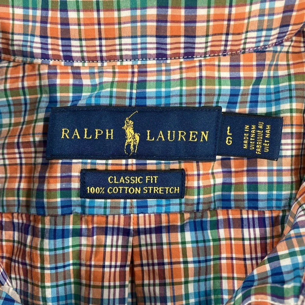 Polo Ralph Lauren Shirt Mens L Orange Blue Plaid Button Down Cotton Stretch Pony